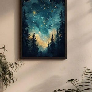 May include: A watercolor painting of a forest scene with a starry night sky. The trees are silhouetted against the dark blue sky, and the stars are a bright yellow. The painting has a dreamy and ethereal feel.