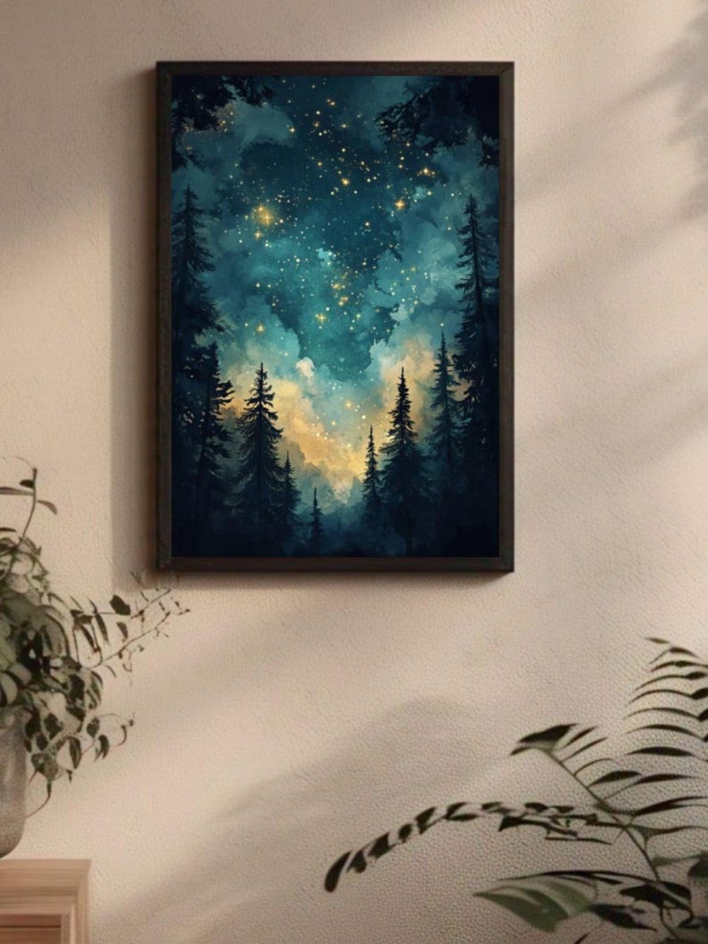 May include: A watercolor painting of a forest scene with a starry night sky. The trees are silhouetted against the dark blue sky, and the stars are a bright yellow. The painting has a dreamy and ethereal feel.