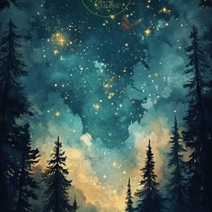 May include: A watercolor painting of a starry night sky over a dark forest. The sky is a deep blue with hints of green and yellow, and the stars are a bright gold. The trees are silhouetted against the sky, and there is a small, red butterfly flying in the upper right corner of the painting.