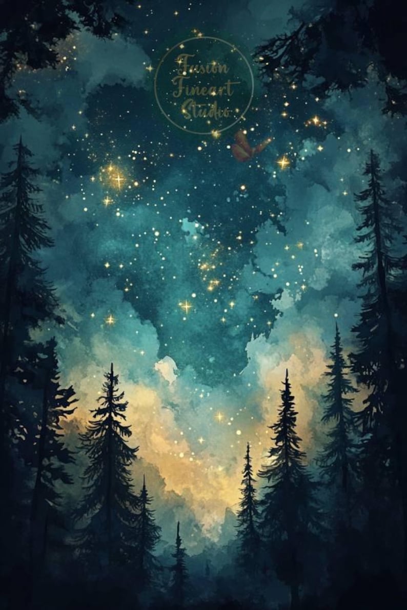 May include: A watercolor painting of a starry night sky over a dark forest. The sky is a deep blue with hints of green and yellow, and the stars are a bright gold. The trees are silhouetted against the sky, and there is a small, red butterfly flying in the upper right corner of the painting.