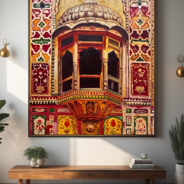Jharoka Indian Art Oil Painting| Pakistani Art Original Artwork Indian Decor Large canvas Art Painting for Home Decor