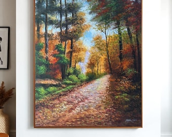 オリジナルの秋の森の油絵：黄金の秋の風景画（14 x 16インチ） - Etsy