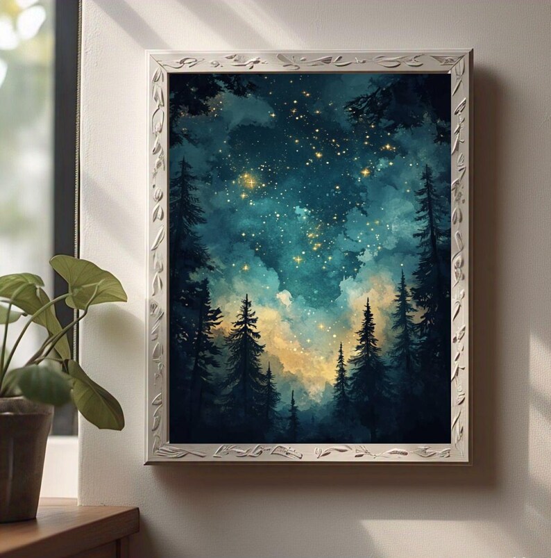 May include: A framed watercolor painting of a forest scene at night. The sky is a deep blue with a scattering of white stars and a few clouds. The trees are silhouetted against the sky, and the ground is covered in a soft, green glow.