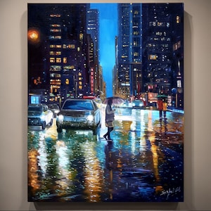 May include: A painting of a city street at night with cars and people walking under umbrellas in the rain. The street is wet and reflecting the lights of the buildings. The buildings are tall and dark, with windows lit up.