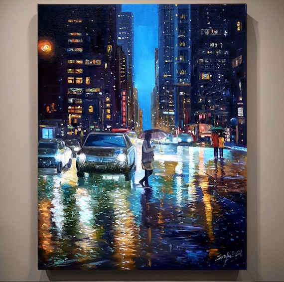 New York painting, New York Wall Art Oil Painting, Moody Wall Art Original Painting, Large Wall Art, Rain Painting on Canvas