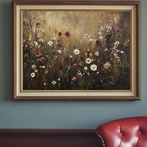 Stimmungsvoller Wildblumendruck, druckbare Wandkunst, dunkle rustikale Wildblumenmalerei, stimmungsvoller Landschaftsdruck, antikes Blumenkunstplakat