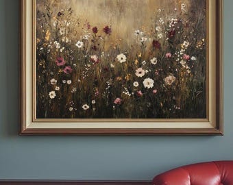 Impression de fleurs sauvages de mauvaise humeur, art mural imprimable, peinture de fleurs sauvages rustique foncé, impression de paysage de mauvaise humeur, affiche d&#39;art floral antique