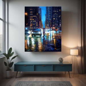 New York painting, New York Wall Art Oil Painting, Moody Wall Art Original Painting, Large Wall Art, Rain Painting on Canvas image 2
