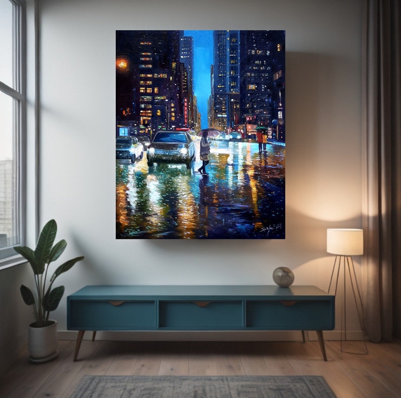 New York painting, New York Wall Art Oil Painting, Moody Wall Art Original Painting, Large Wall Art, Rain Painting on Canvas image 2