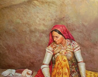 South Asian Wall Art Painting -Folk Art Painting -Original Oil Painting -Canvas Wall Art -Indian Woman Art -Indian Home Decor