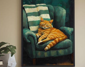 Gatto addormentato Grande arte murale Arte contemporanea Stampa minimalista Soggiorno Decorazione murale verde scuro Striscia Gattino Stampabile Download digitale