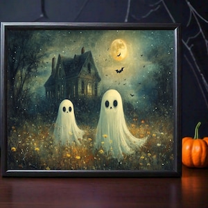 Impresión de fantasmas, arte de pared de Halloween, pintura de fantasmas con arte de pared melancólico, impresión de arte de Halloween de casa embrujada, arte de pared imprimible, impresiones descargables