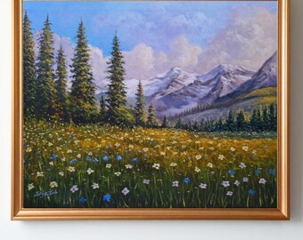 Pintura floral de montaña sobre lienzo - Arte mural de flores silvestres - Pintura de paisaje natural - Obra de arte original para decoración del hogar