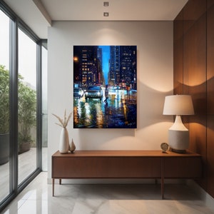 May include: A painting of a city street at night with a person walking in the rain. The street is wet and reflective, and the buildings are lit up. The painting is done in a realistic style and has a warm, inviting feel.