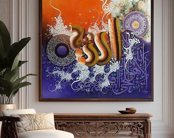 May include: A large abstract painting with Arabic calligraphy in shades of purple, orange, and gold. The calligraphy is surrounded by intricate floral designs and geometric patterns.