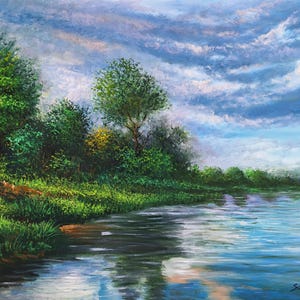Nature Landscape Painting -Lake Wall Art Oil Painting on Canvas -Modern Wall Art Original Painting for Nature Lovers Gifts
