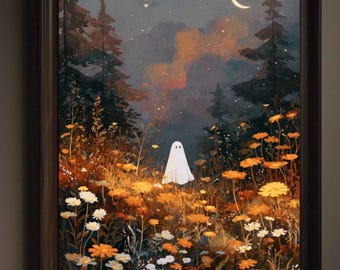 May include: A framed art print depicts a whimsical scene of a white ghost in a field of orange and white flowers. The background features a dark forest, a starry sky, and a crescent moon. The frame is dark brown.