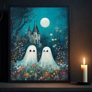 Fantasmas lindos Halloween Arte Impresión Decoración gótica Fantasmas adorables en el campo Spooky Vintage Cartel Fantasma Impresión Descarga digital instantánea JPG