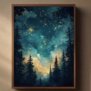 May include: A watercolor painting of a forest scene at night with a dark blue sky filled with stars. The trees are silhouetted against the sky, and there are clouds in the background.