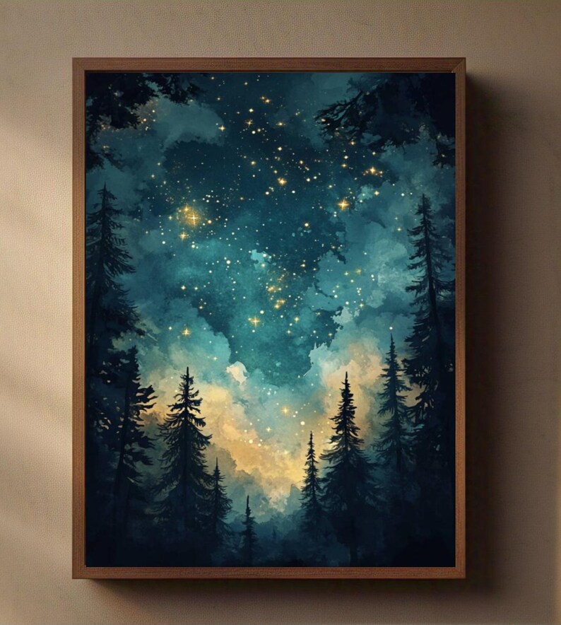 May include: A watercolor painting of a forest scene at night with a dark blue sky filled with stars. The trees are silhouetted against the sky, and there are clouds in the background.
