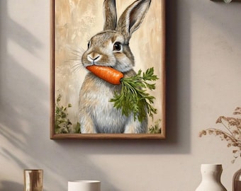 Vintage Rabbit Print, Easter Bunny Cottagecore Art Print, Easter Wall Art Painting, Rustic Printable Wall Art, Nursery Decor