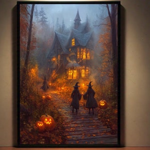 Impresión de casa embrujada, impresión de bruja, arte de pared de Halloween, pintura de Halloween con decoración gótica, impresiones descargables, arte de pared imprimible