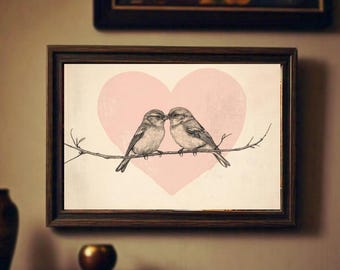 Love Birds Art Print, Printable Valentines Wall Art, Cottage Farmhouse Decor, Heart Love Print, Vintage Bird Print, Digital Download