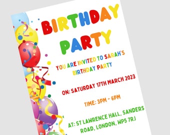 Balloon Birthday Party Personalised Invitations | Children | Kids | Girls Boys | Invites | A5 Invites | Personalised Invites