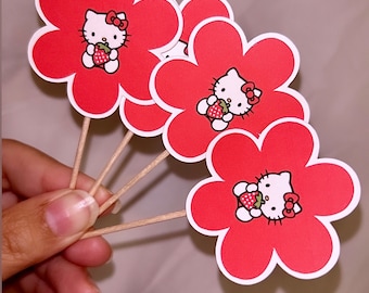 Kawaii Kitty Red Flower Cupcake Toppers