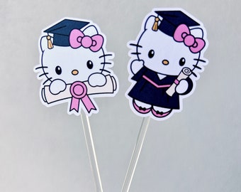 Graduation Kawaii Kitty Cupcake Toppers