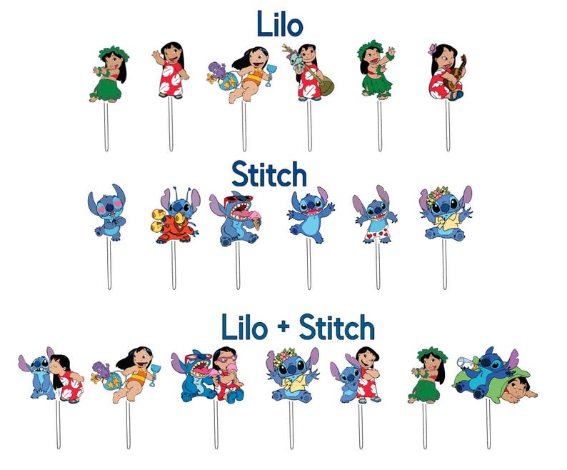 Puede incluir: Toppers coloridos de personajes de Lilo y Stitch sobre palitos blancos. La imagen presenta varios dise&ntilde;os de Lilo y Stitch, con el texto "Lilo", "Stitch" y "Lilo + Stitch" encima de los personajes. Estos toppers son probablemente para pasteles o cupcakes.