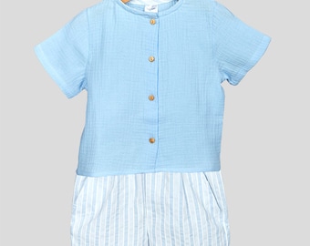 Ensemble bébé 2 pièces en mousseline garçon, vêtements bébé printemps et été, pull et short bébé