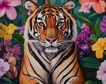 Maximalist Tropical Bengal Tiger Painting, Hawaiian Floral Animal Art, Pink Hibiscus and Orchid Wall Decor, Bold Dopamine Jungle Cat Artwork