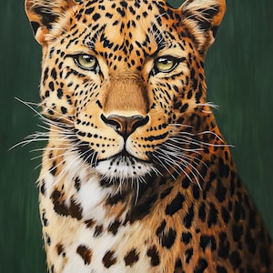 Limited Edition Original African Leopard Oil Painting, Classic Minimalist African Wildlife Portrait, Emerald Green Contemporary Fine Art