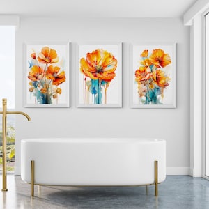 Set of 3 California Poppy Watercolor Prints, Modern Retro Colorful Wildflower Wall Art, Retro Vintage Florals, Botanical Wall Art Prints.