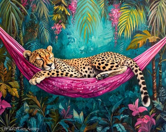 Retro Cheetah Sleeping on Hammock Oil Painting, Jungle Cheetah Bedroom Maximalist Wall Art, Dopamine Cheetah Print, Eclectic Cheetah Art.