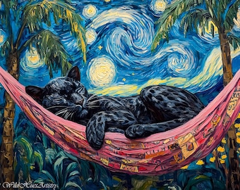 Grandmillennial Panther schlafend in der Hängematte Gemälde, Panther Sternennacht Maximalist Wandkunst, Dopamin Panther Druck, Boho Panther Kunst.