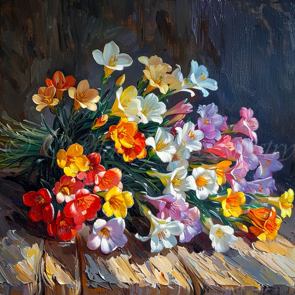 Colorful Vintage Freesias Wildflower Still Life Painting, Wildflower Art Series, 19th Century Antique Spring Floral Arrangement Oil Painting