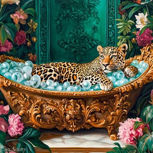 Retro Matisse Leopard In Ornate Bath Oil Painting, Leopard Bathroom Maximalist Wall Art, Dopamine Leopard Print, Eclectic Leopard Wall Art.
