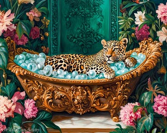 Retro Matisse Leopard In Ornate Bath Oil Painting, Leopard Bathroom Maximalist Wall Art, Dopamine Leopard Print, Eclectic Leopard Wall Art.