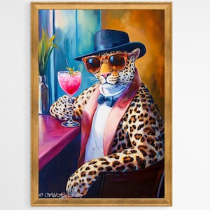 Retro olieverfschilderij van een cocktailcocktail met luipaard, unieke maximalistische luipaard pubwagen kunstcadeau, dopamine luipaard gejuich print, kunst aan de muur luipaard.