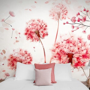 Design de papier peint aquarelle fleurs sauvages pissenlit, décoration murale florale botanique douce, décoration florale de papier peint de salle de bain, papier peint floral design.