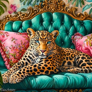 Vintage Retro Leopard On Ornate Sofa Oil Painting, Leopard Bedroom Maximalist Wall Art, Dopamine Leopard Print, Eclectic Leopard Wall Art.