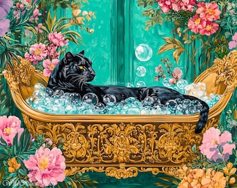 Bold Retro Black Panther In Ornate Bath Oil Painting, Panther Bedroom Maximalist Wall Art, Dopamine Panther Print, Eclectic Panther Wall Art