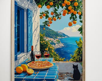 Amalfi Italy Alfresco Paintings, Italy Travel Print, Mediterranean Art, Italian Villa Print, Italy Seascapes, Coastal Lemon Tree Wall Decor.