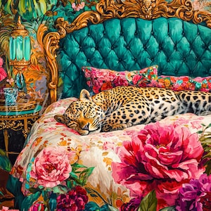 Vintage Retro Leopard On an Ornate Bed Oil Painting, Leopard Bedroom Maximalist Wall Art, Dopamine Leopard Print, Eclectic Leopard Wall Art.