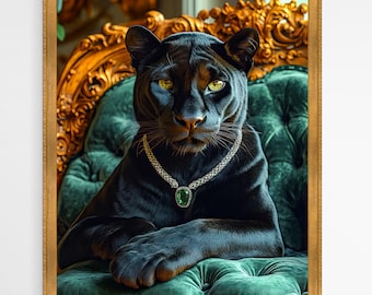 Luxus-Schwarzer Panther-Porträt, königliche Wildkatzen-Wandkunst, opulenter Tierdruck, Panther-Dschungeldekor, aristokratischer Katzendruck, maximalistisches Dekor
