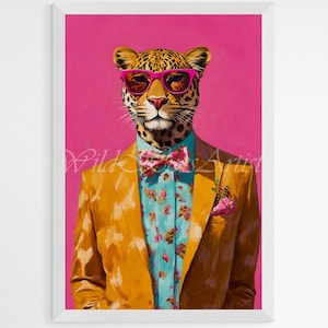 Bold Fashionista Leopard Oil Painting, Leopard Girls Bedroom Maximalist Wall Art, Dopamine Leopard Floral Print, Eclectic Pink Leopard Art.