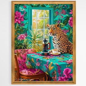 Retro Leopard With French Press Coffee Oil Painting, Leopard Kitchen Maximalist Wall Art, Dopamine Leopard Print, Eclectic Leopard Wall Art.