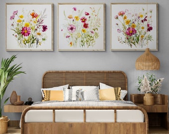 Floral Watercolor Print Set Of 3, Wildflower Field Wall Art, Printable Colorful Flower Artwork, Bright Floral Prints, Digital Download.